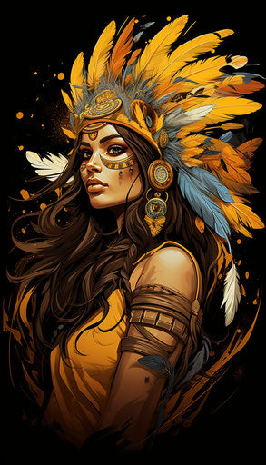 Indian woman with feathers in her hair and headdress, colored cartoon style