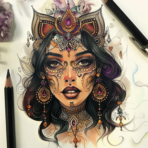 Boho chic Neda tattoo sketch with rich jewel tones