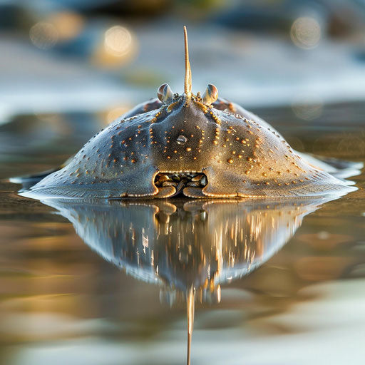 Horseshoe crab in shallow water with clear reflections