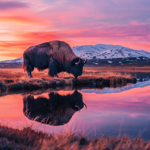 Musk ox near a reflective water body at sunset