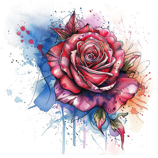 Artistic flat tattoo sketch of a gypsy rose merging into a splash of watercolor