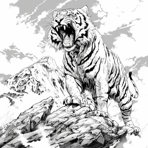 Epic tiger roaring on a mountain peak