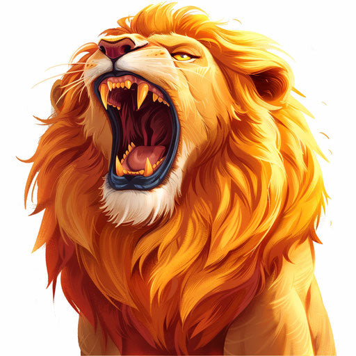 Fierce cartoon-style lion roaring with vibrant yellow and orange mane