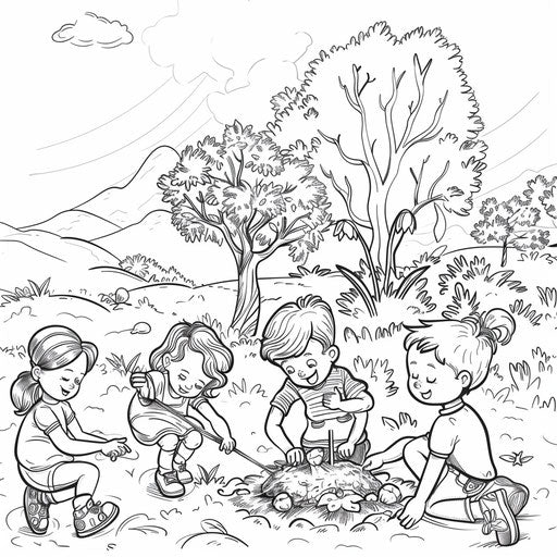 Children planting a tree in a spring garden