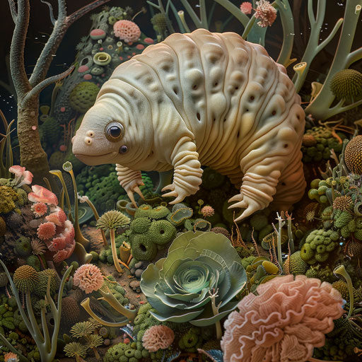 Tardigrade in a lush microscopic grassland, in the style of Frans Lanting