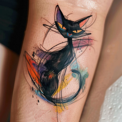 Abstract black cat tattoo with bold strokes on white canvas