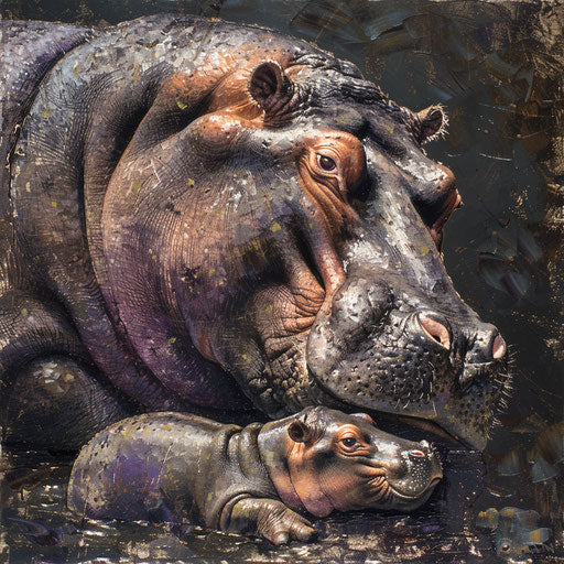 Tender mother hippo and her newborn calf