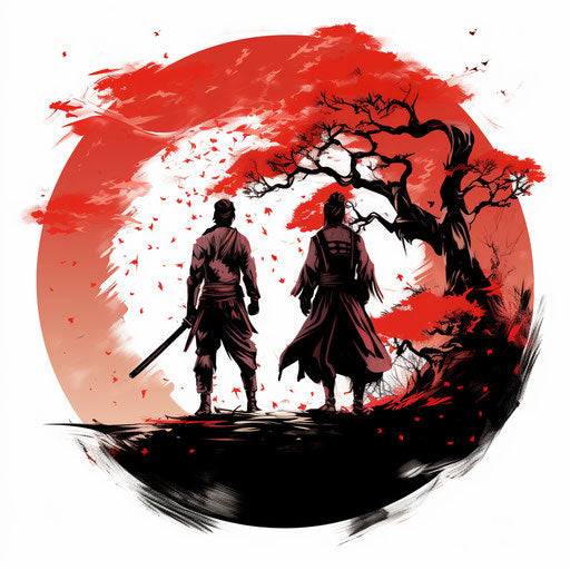 Graceful balance of samurai and trees on red and white background