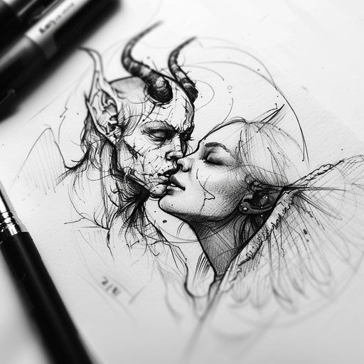 Minimalist flat tattoo sketch of an angel whispering to a devil