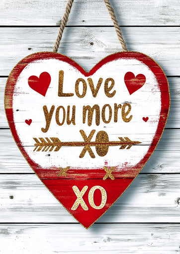 Valentine's Day wooden heart sign with golden letters