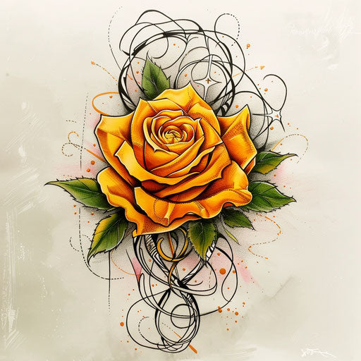 Artistic flat tattoo sketch of a yellow rose intertwined with subtle tribal elements
