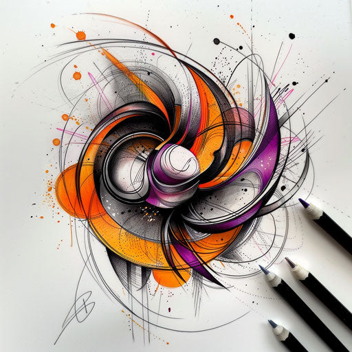 Dynamic flat tattoo sketch of an abstract circle with swirling lines and bold colors