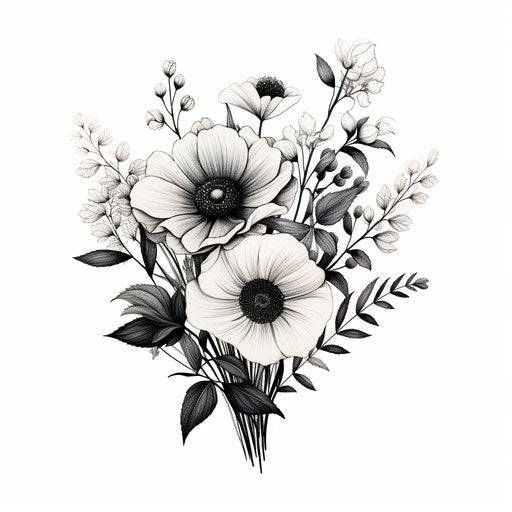 Black and white drawing of flowers in feminine style