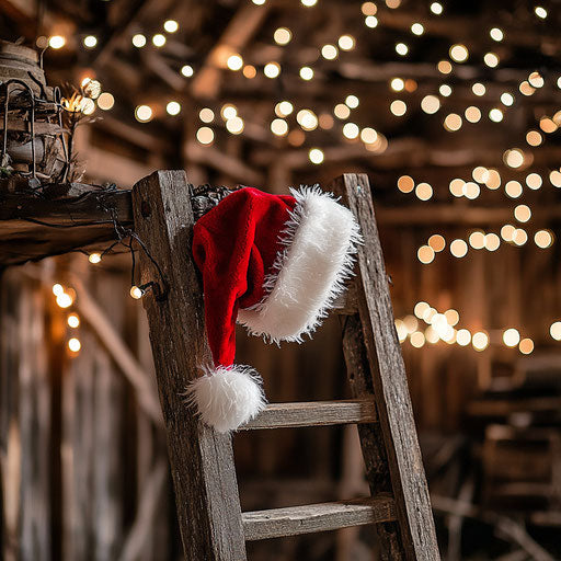 Solitary Santa hat on rustic wooden ladder in barn with soft white lights