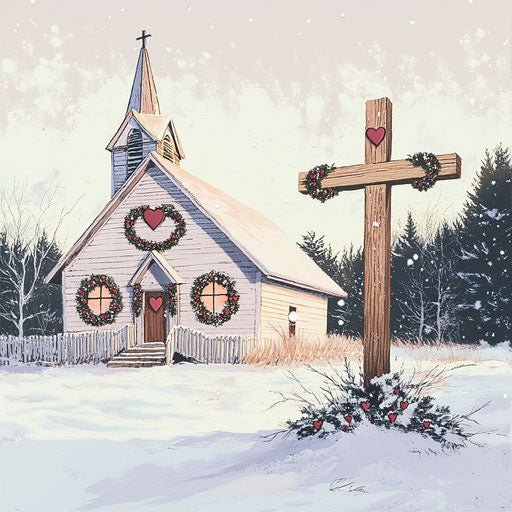 Rustic country church with heart-shaped wreaths
