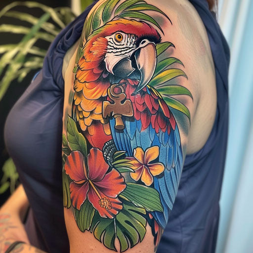 Pirate parrot with key in beak, tropical flowers