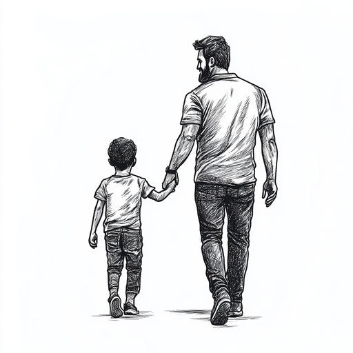 Sketch tattoo father and son holding hands, white background