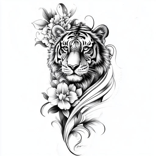 Elegant tiger tattoo sketch in beautiful clipart style with Art Nouveau influence and floral motifs