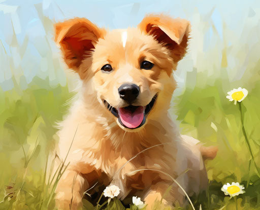 Little brown and yellow puppy in the green grass, smiling