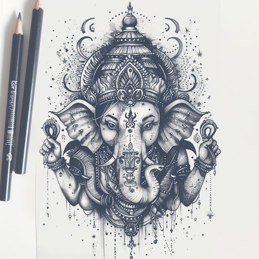 Mystical tattoo sketch of Ganesha, clipart style with dark colors and starry night motifs