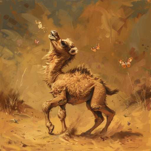 A playful camel calf chasing desert butterflies