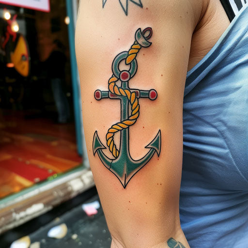 Bicep tattoo of a vintage anchor and rope, Ed Hardy style
