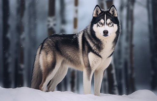 Blue husky dog in snow dark maroon and light beige style