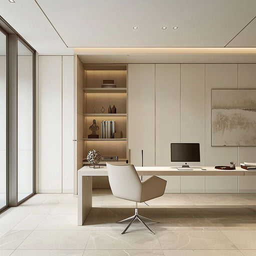 Minimalist home office with white and beige tones