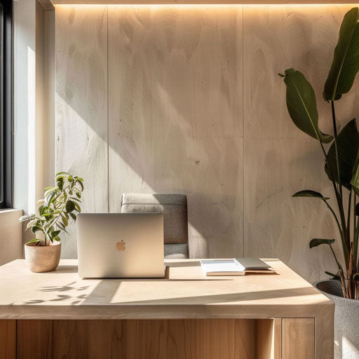 Minimalist home office with sleek desk, laptop, and potted plants