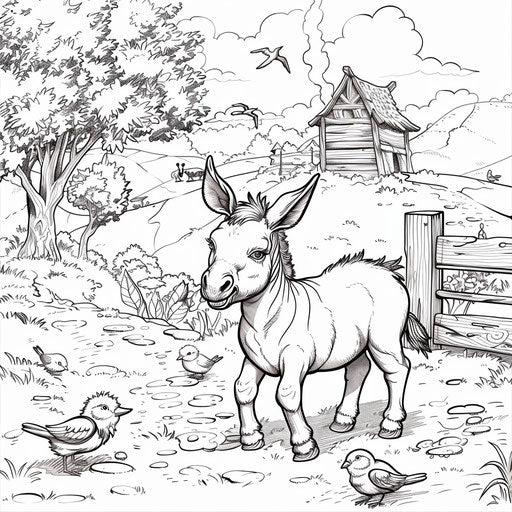 A cute donkey playing with birds and animals in a farmyard