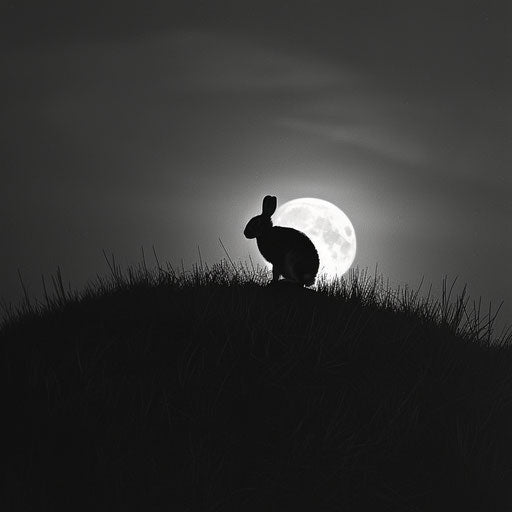 Rabbit silhouette on the full moon, perched on a quiet hillside