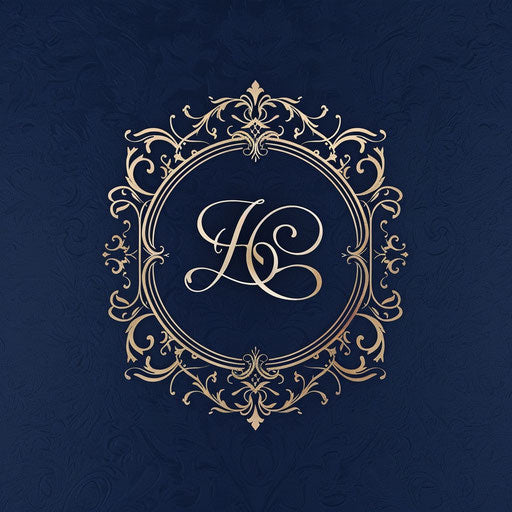 Classic monogram print logo on navy blue background, timeless style