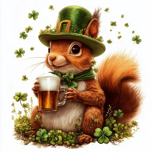 St. Patrick holding beer mug, surrounded by clovers