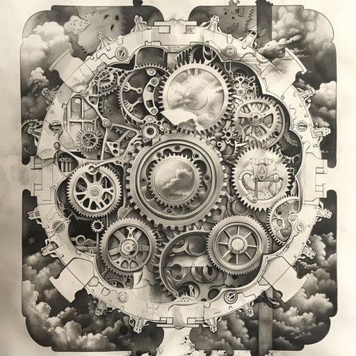 Steampunk collage framing eleven tattoo sketch