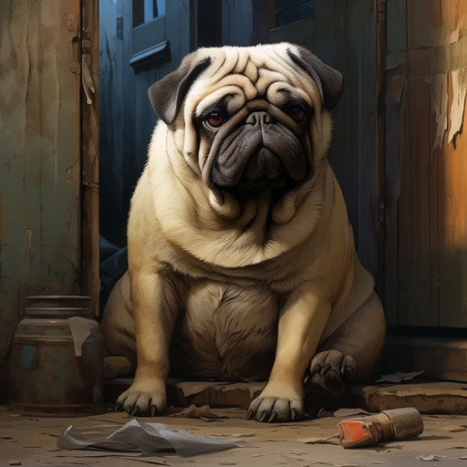 Pug dog sitting in background, cartoon realism style