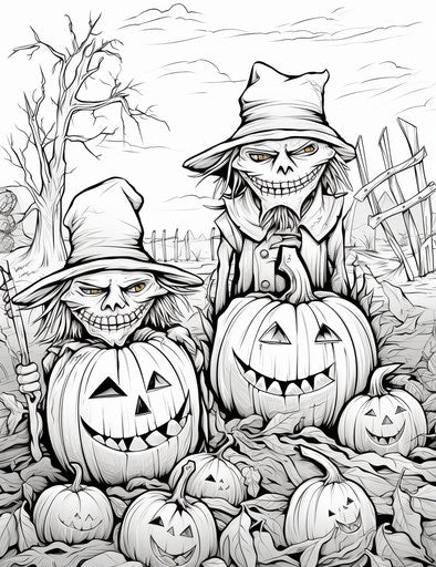 Cartoon scarecrow with pumpkins coloring pages