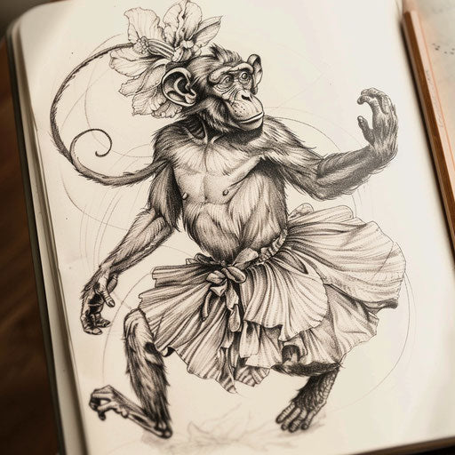Drawing of a dancing monkey in a hula skirt, tropical and festive tattoo on white paper