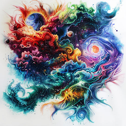 Psychedelic galaxy tattoo with swirling colors on white