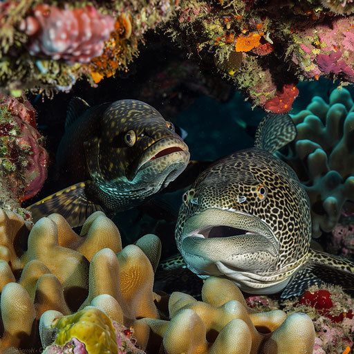 A Warsaw grouper and a moray eel sharing a hidden spot under a coral overhang.