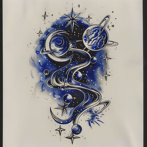 Space-themed tattoo sketch for 666 with stars and planets in dark blue and silver