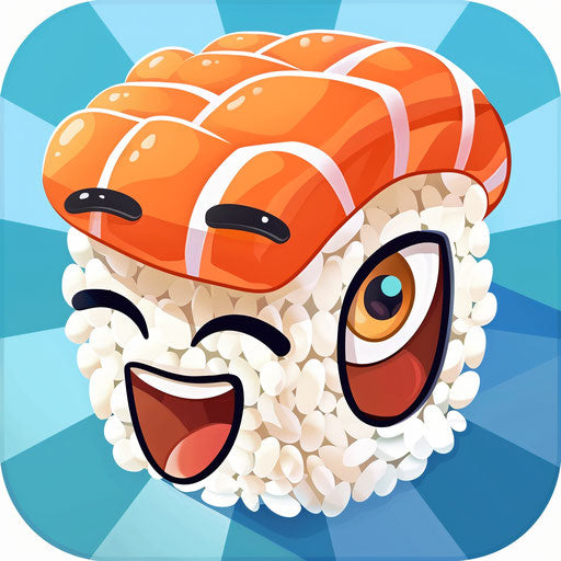 Cute sushi icon with orange salmon on blue background