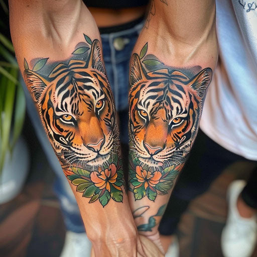 Sibling tattoos of a tiger, Ed Hardy style