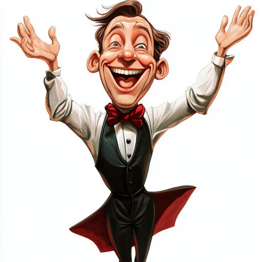 Humorous caricature of a waiter with pointed nose, long arms, cartoon style, laughing, vibrant colors