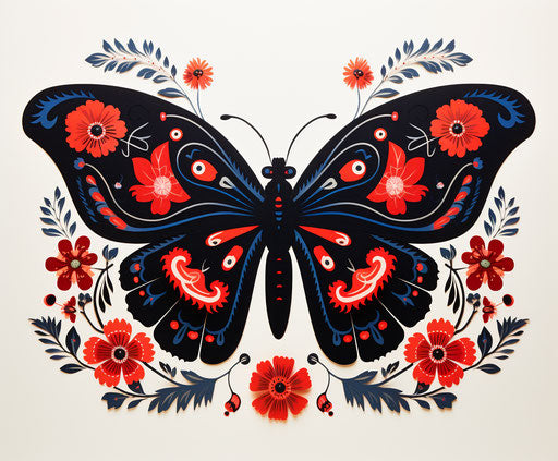 Black butterfly with red and black flowers in traditional style