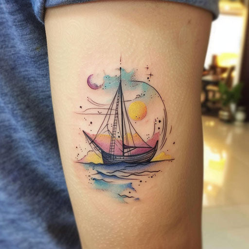 Elegant flat tattoo sketch with watercolor effects of a boat under a serene sunset