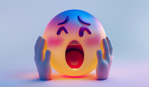 Animated emoji holding head with hands, mouth open
