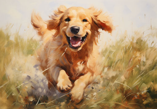 A golden retriever puppy on the grass, full of movement