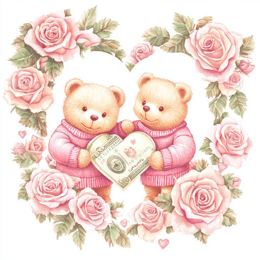 Cute couple of bears in pink sweaters among roses on white