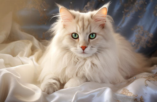 Fluffy cat resting on a bed with green eyes