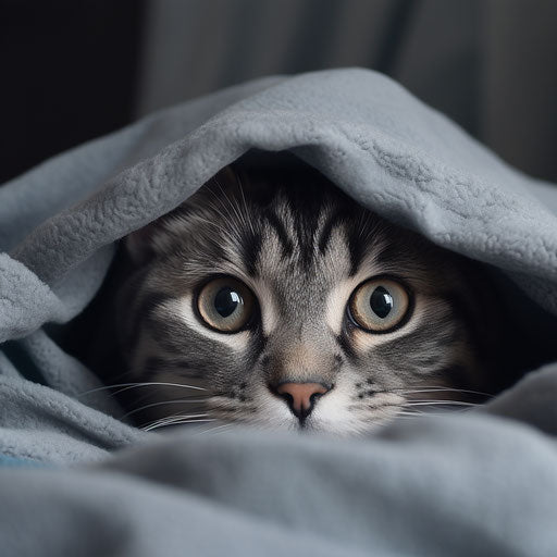 American shorthair cat under blankets, head out